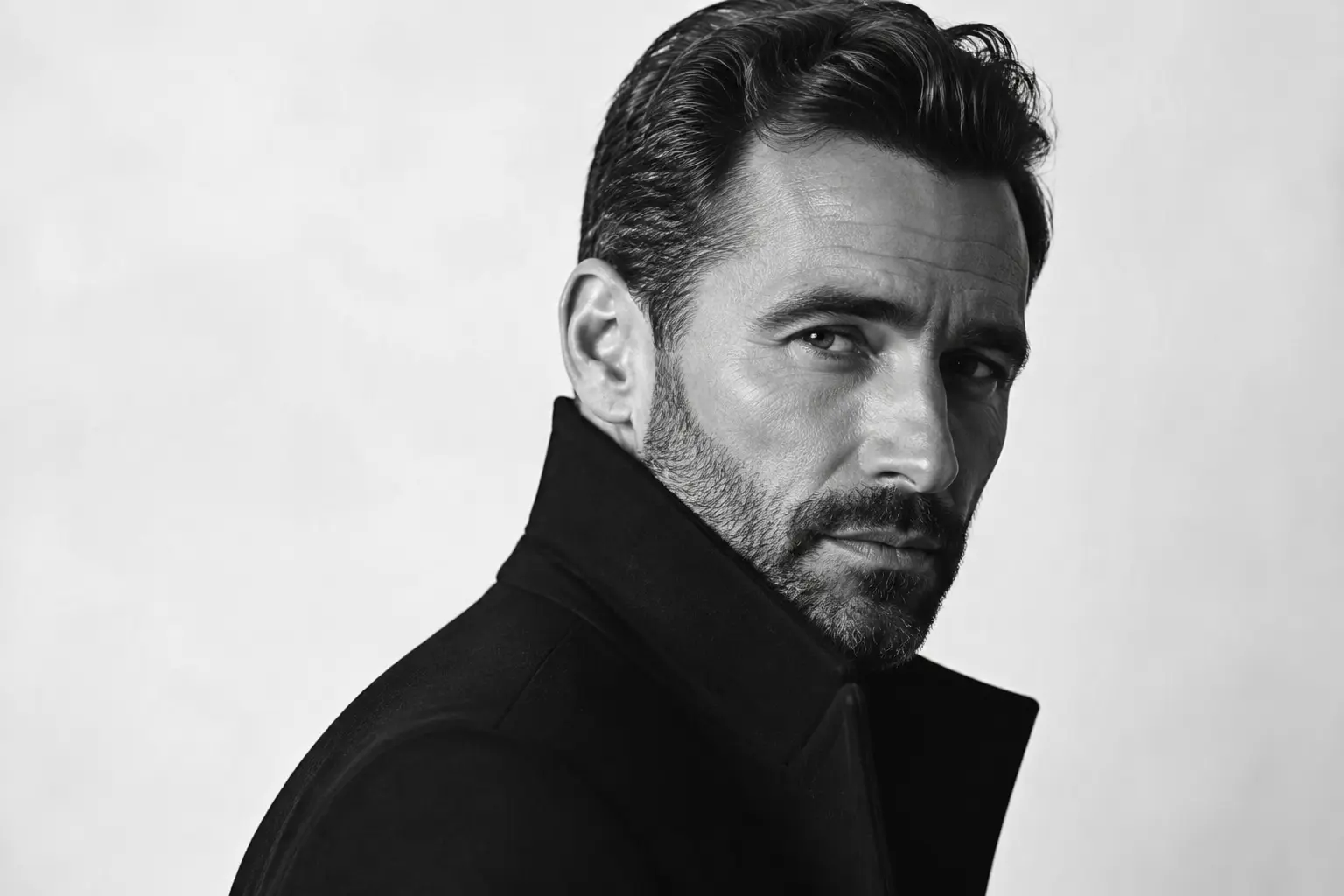 Editorial portrait of an adult man in a high-collar jacket