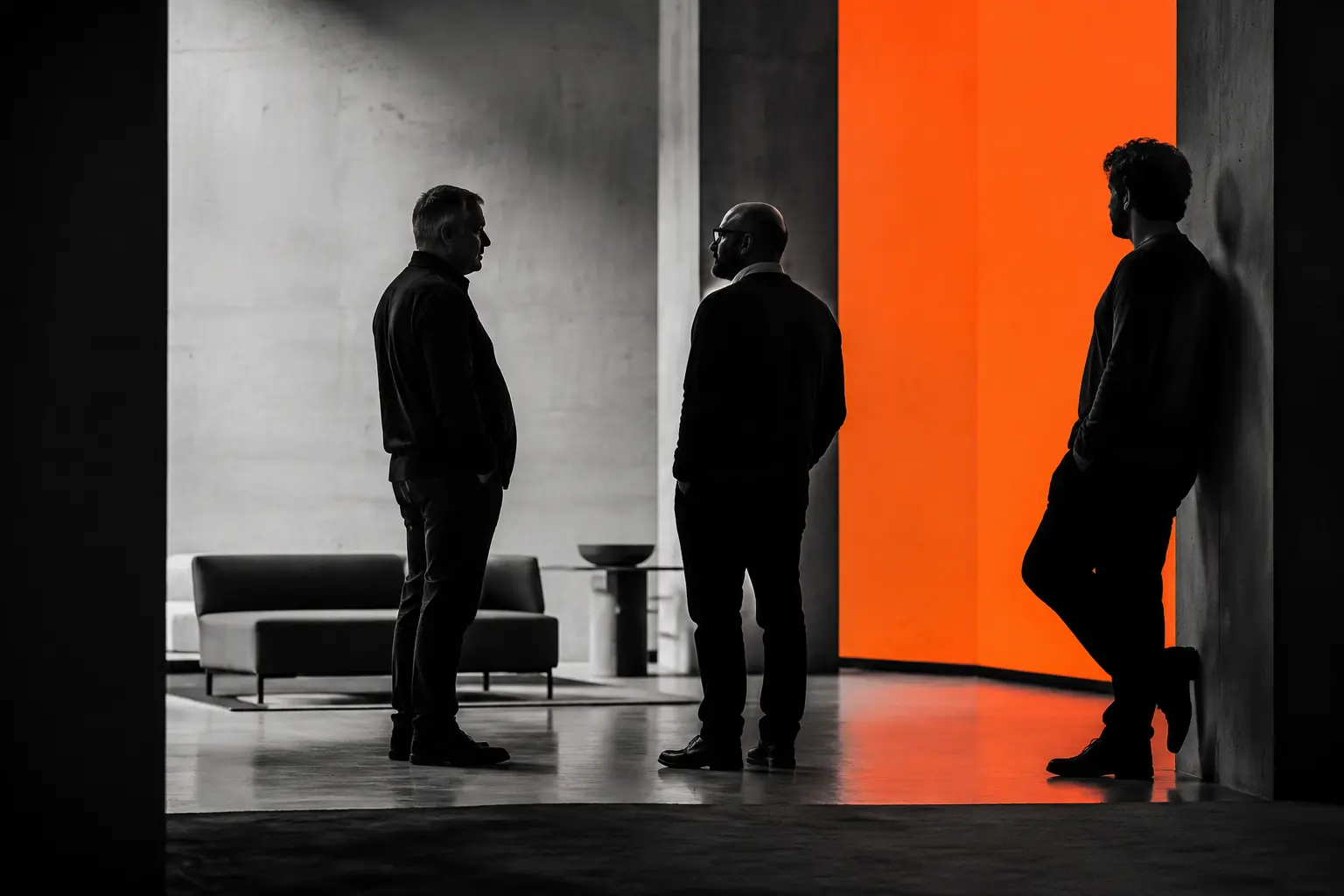 Three fully clothed adult men in a calm modern social space with an orange architectural panel
